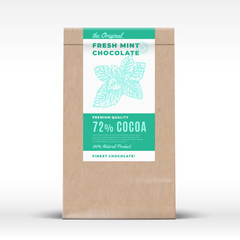 The Original Fresh Mint Chocolate. Craft Paper Bag Product Label. Abstract Vector Packaging Design Layout with Realistic Shadows. Modern Typography and Hand Drawn Spices Leaves Silhouette.