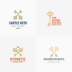 Retro Keys Small Collection. Abstract Vector Signs, Symbols or Logo Templates. Different Crossed Keys Sillhouettes with Classy Typography. Vintage Vector Emblems.