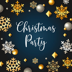 Fototapeta na wymiar Christmas party banner with stars and flakes on blue background. Lettering can be used for invitations, post cards, announcements