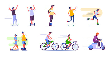 Fototapeta na wymiar Outdoor activities set. People cycling, skateboarding, roller skating. People concept. Vector illustration for topics like activity, leisure, movement, active lifestyle