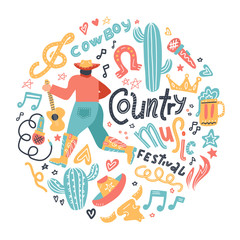 The circle concept with misician cowboy and country misic elements. Guitar with written lettering for postcards or festival banners. Vector flat doodle hand drawn Illustration.