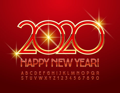 Vector chic Greeting Card Happy New Year 2020! Bright Golden and Red Font. Luxury Alphabet Letters and Numbers. 