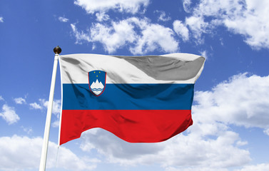 Flag of Slovenia, 3 horizontal stripes, in the upper corner is the coat of arms. The blue color symbolizes the Adriatic sea, red the courage and the historical struggles the white the purity and peace