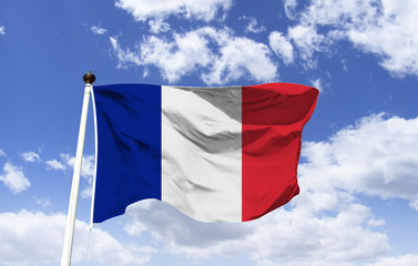 Naklejka na ściany i meble Flag of France, tricolor, 3 vertical bands, symbolizes the French revolution. Blue and red represent the colors of Paris, the white represents the origins, the royalty, fluttering under a blue sky.