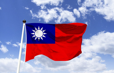 Taiwan flag mockup fluttering in the wind. White symbolizes equality and democracy. The blue, freedom and nationalism, the red the fraternity. Sun with 12 rays, representing the months of the year.