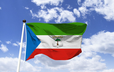 Equatorial Guinea flag mockup, green represents greenery, blue sea, white peace and red...