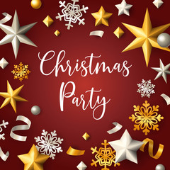 Fototapeta na wymiar Christmas party banner with stars and flakes on red background. Lettering can be used for invitations, post cards, announcements
