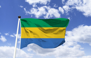 Flag of Gabon, consisting of three horizontal bands symbolizing the equatorial forest (green), the sun and the line of the equator (yellow) and Atlantic ocean (blue). Trembling under a blue sky.