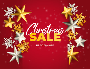 Fototapeta na wymiar Christmas sale banner with stars and flakes on red ground. Lettering can be used for invitations, post cards, announcements