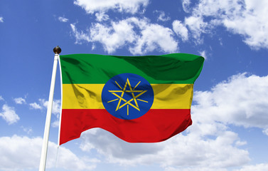 Template of the flag of Ethiopia in the wind. Located in the Horn of Africa, one of the most historical countries in the world, continent of Africa, interesting places: Simien Park, Lake Tana, Mountai