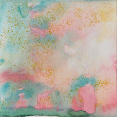 Pink and turquoise watercolor background, watercolor wash, paper texture, abstraction. Drawn by hand in watercolor. Suitable for all types of design. © Анна Давыденкова