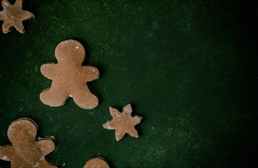 Gingerbread Christmas cookie, top view of holiday food with copy space on background.