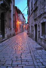 Paved alley in Rovinj, Croatia, at dusk.