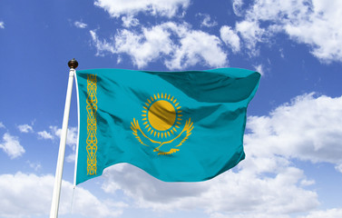 Flag of Kazakhstan, Central Asian Country, Former Soviet Republic, from the Caspian Sea in the west to the Altai Mountains. Ascension Cathedral, Russian Orthodox Church. Astana Capital