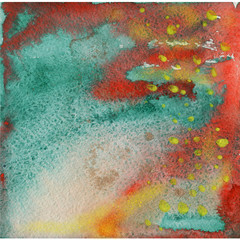 Watercolor background in green and red, watercolor wash, paper texture, abstraction. Drawn by hand in watercolor. Suitable for all types of design.