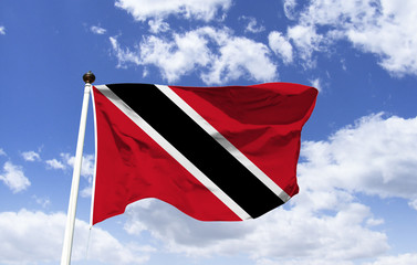 Template of Trinidad and Tobago flag floating under a blue sky. Caribbean Country, Capital: Port of Spain, most populous city, Chaguanas, Caribbean Island State. Numerous islands.