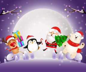 Christmas night banner with Santa, animals on violet ground. Decorative design can be used for invitations, post cards, announcements