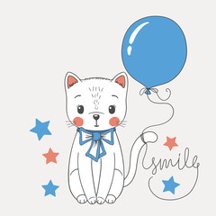 Cute cat boy with balloon, bow tie. Smile slogan. Cartoon vector illustration design for t-shirt graphics, fashion prints