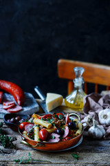 Fototapeta na wymiar Pasta with sausage and vegetables.. .style rustic