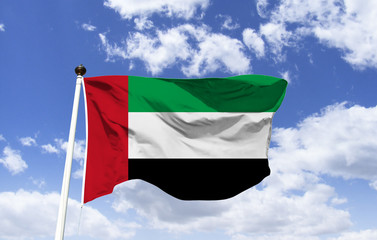 United Arab Emirates flag template floating under a blue sky. Middle Eastern country, located...