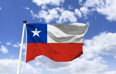 Chile flag mockup, fluttering under blue sky. Country of South America. Capital: Santiago, located in a valley surrounded by the Andes and mountains of the South Pacific Coast. Atacama Desert