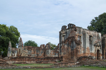 Beautiful scenery of Ruins of archaeological site blue sky background with copy space