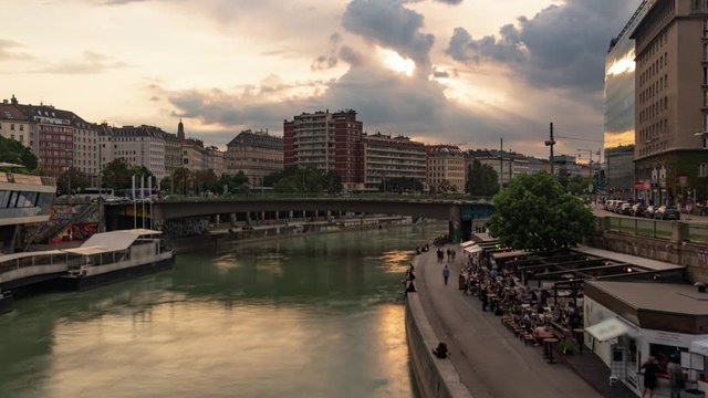 Cinegraphic timelapse view of the donaukanal in Vienna at sunset
