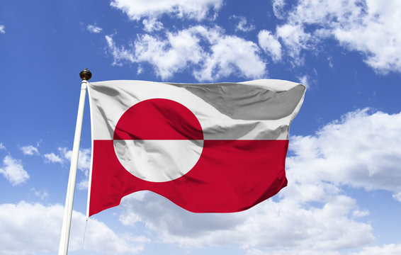 Greenland flag template floating under blue sky. A huge island and danish territory. Its northern location produces natural phenomena such as the midnight sun and northern lights.