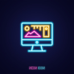 monitor interface simple luminous neon outline colorful icon on blue background.