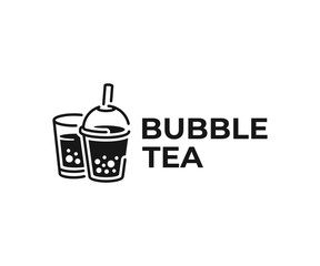 Milk bubble tea drink logo design. Beverage with tapioca balls vector design. Fruit drink and tapioca pearls logotype