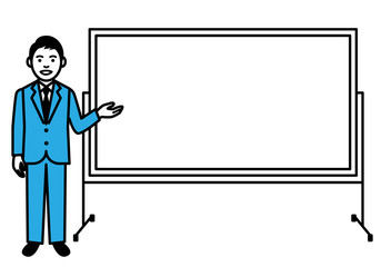 Young men with whiteboard on white background. Vector illustration.