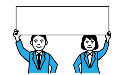 Young man and woman with message board on white background. Vector illustration.