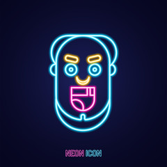 Funny face avatar simple luminous neon outline colorful icon on blue background.