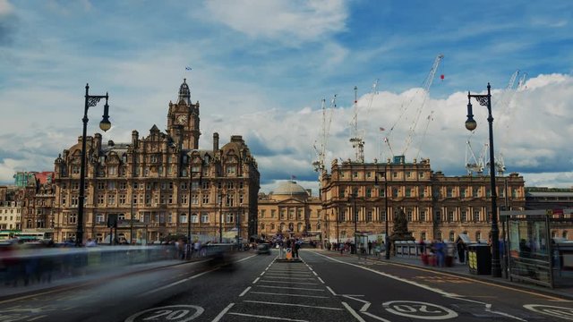 Time lapse zoom in view of Edinburgh new town (Scotland) from North bridge