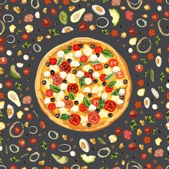 Tasty wholesome food. Real hot pizza. Pizza with fried bacon, tasty red pepper and green beans. Nice and quick lunch. Recipes of classic Italy. Seamnless vector illustration.