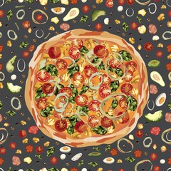 Tasty wholesome food. Real hot pizza. Pizza with fried bacon, tasty red pepper and green beans. Nice and quick lunch. Recipes of classic Italy. Seamnless vector illustration.