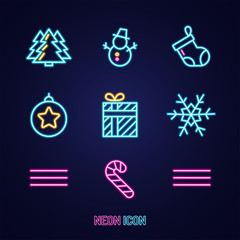set christmas simple luminous neon outline colorful icon on blue background.