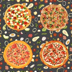 Tasty wholesome food. Real hot pizza. Pizza with fried bacon, tasty red pepper and green beans. Nice and quick lunch. Recipes of classic Italy. Seamnless vector illustration.