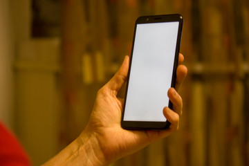 Close-up Of Woman's Hand Holding Mobile Phone With Blank Screen