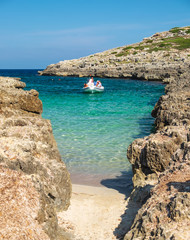 View on the beach Calo Roig on Menorca, Balearic Islands.