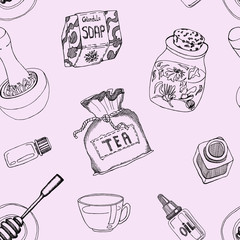 Seamless pattern of hand drawn homemade cosmetics in contour