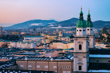 Obraz premium Panorama of Salzburg and Cathedral with snow from Hohensalzburg castle