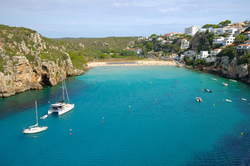 View on the beach Cala en Porter on Menorca Island.