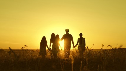 happy family walks in the field in sunset light. dad mom and daughters are walking in the park in...