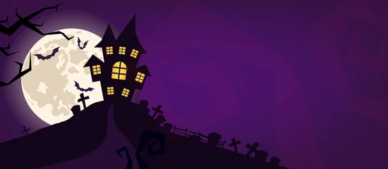 Schilderijen op glas Halloween scary vector background. Spooky graveyard and haunted house at night cartoon illustration. Horror moon, bats and graves silhouettes creepy backdrop. Helloween gothic panorama with cemetery © The img