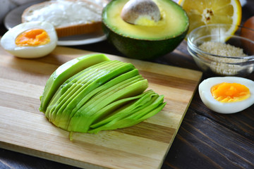 Sliced avocado on a cutting board