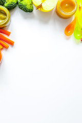 cooking vegetable puree for baby on white background top view