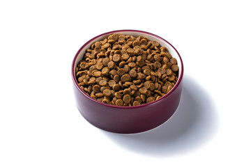 Monochrome cat food in a ceramic dish on white background