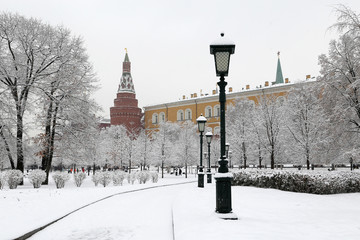 Moscow Kremlin during snowfall, winter landscape with snow covered trees. View of the Alexander...