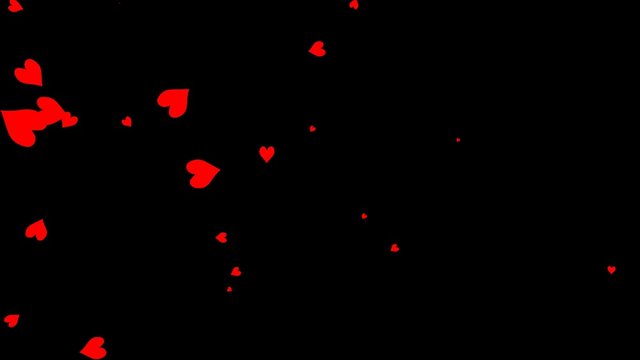 4k animation - Heart particle trail transition isolated on png background.Seamless flow of red hearts in the left part of the screen